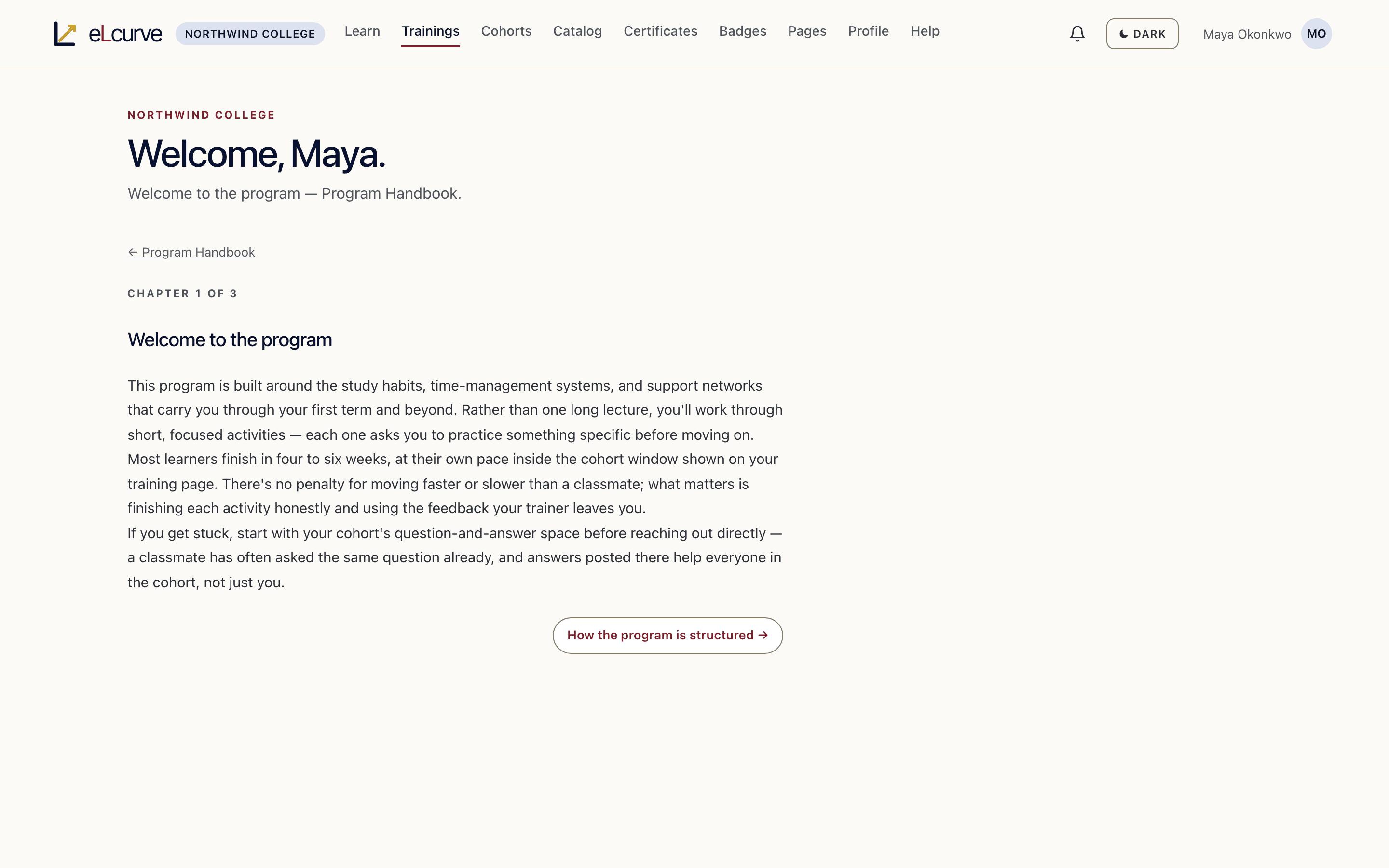 A branded learning activity in eLcurve — a course chapter in a customer's own branding.