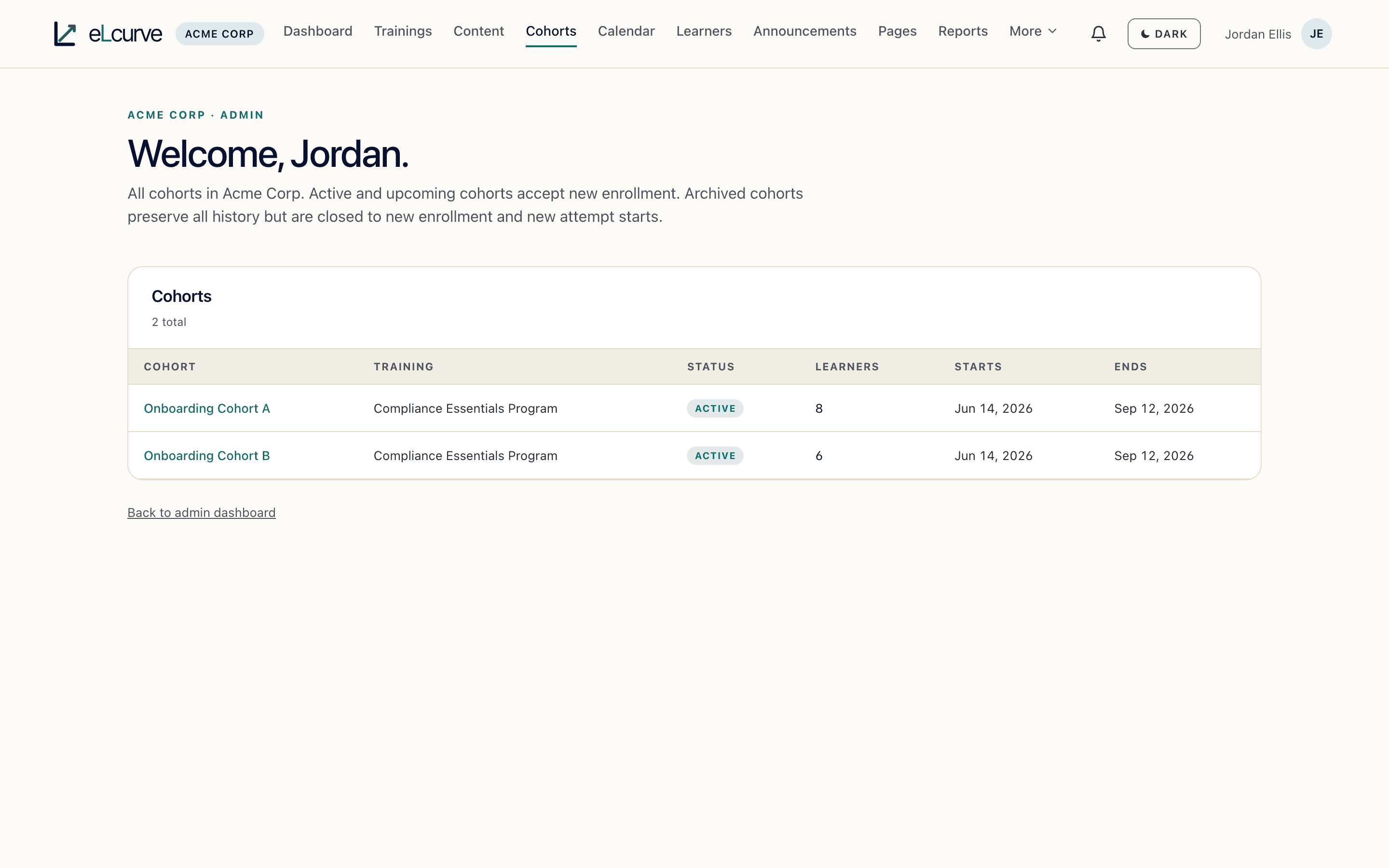 Managing cohorts in eLcurve, shown in a customer's own branding.