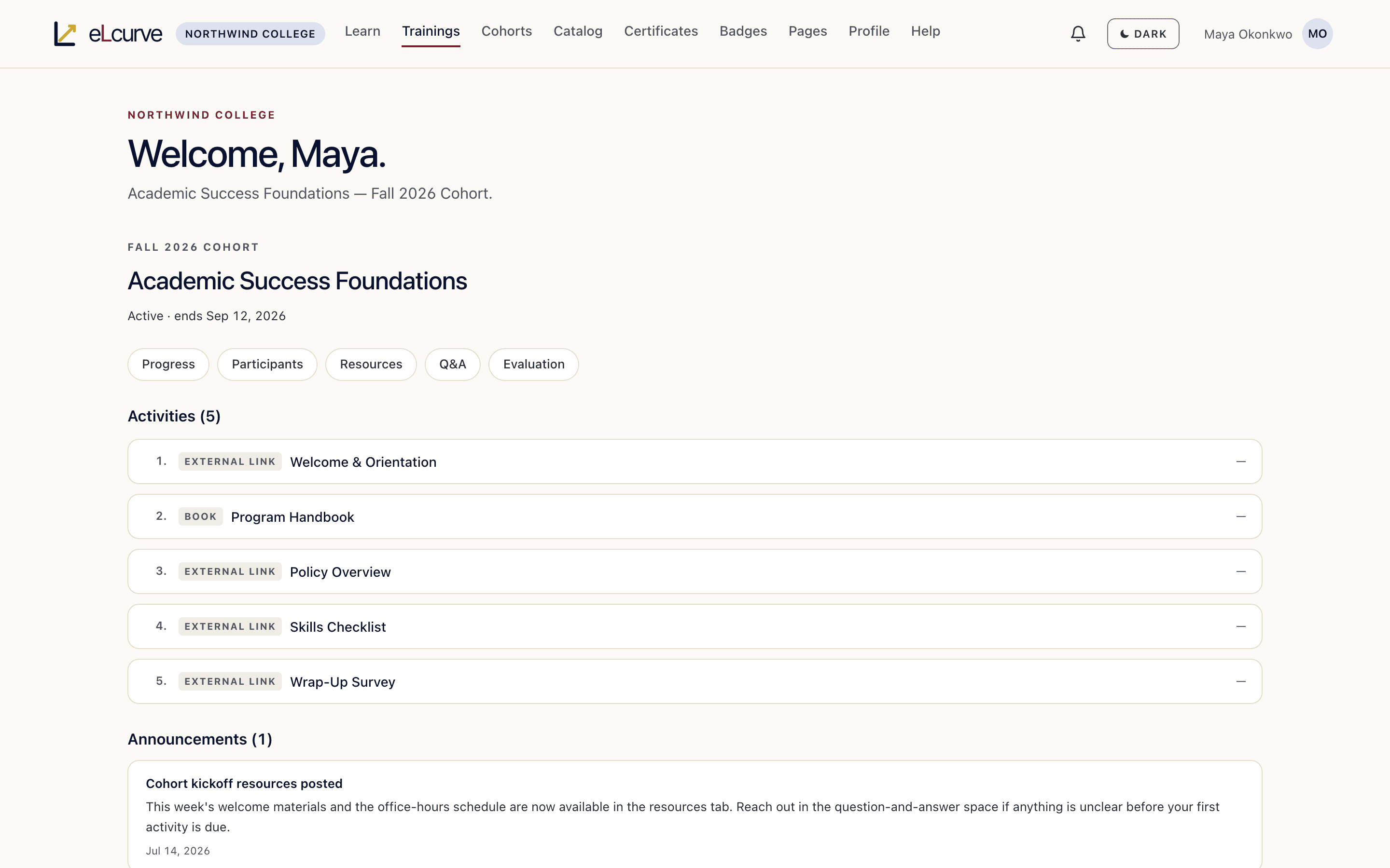 The eLcurve learner experience shown in a customer's own branding — a training's activity list.